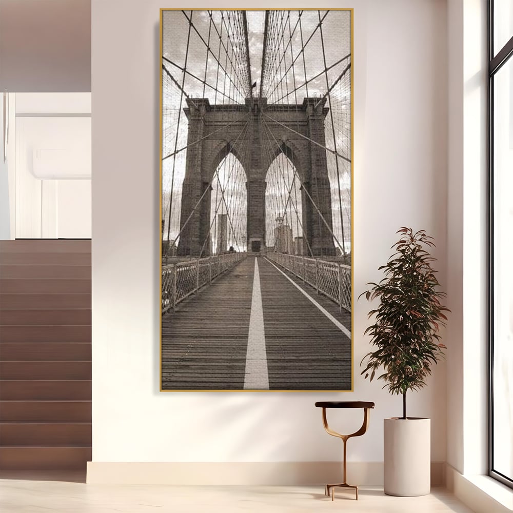 Tablou canvas cu fotografie verticala cu podul din new york, in rama de aluminiu auriu